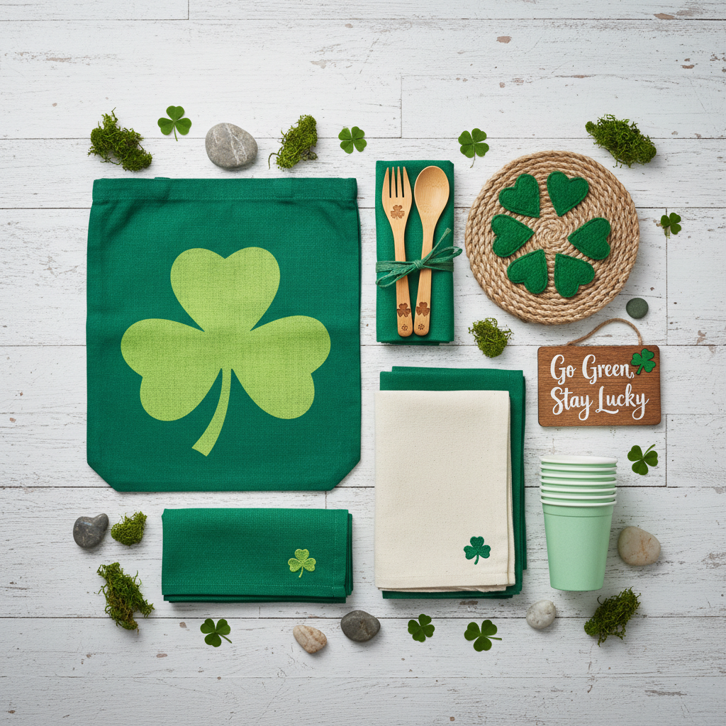 SQUARE IMAGE OF ST PATRICKS ECO FRIENDLY PRODUCTS ON A WHITE WOODEN FLOOR 